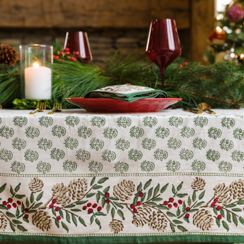 Tablecloth Cream Block Print Style Botanical Border Rustic