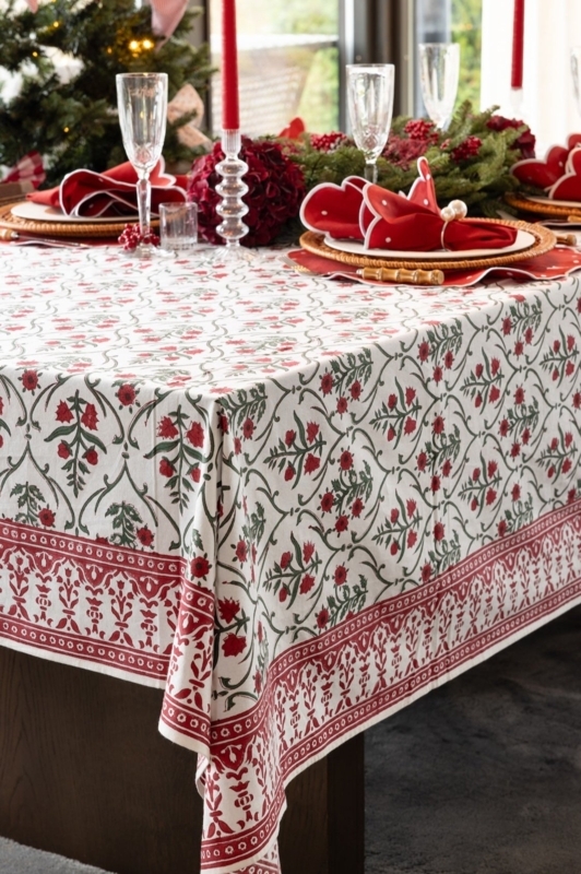 Tablecloth Cream Botanical Block Print Wide Ornate Red Border