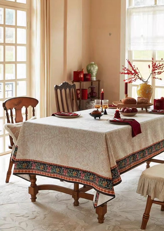 Tablecloth Cream Botanical Pattern Multi-Colored Border Arts and Crafts
