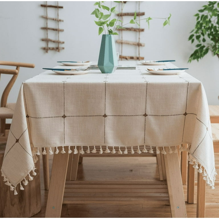 Tablecloth Cream Brown Lattice Pattern Tassel Fringe Country Dining