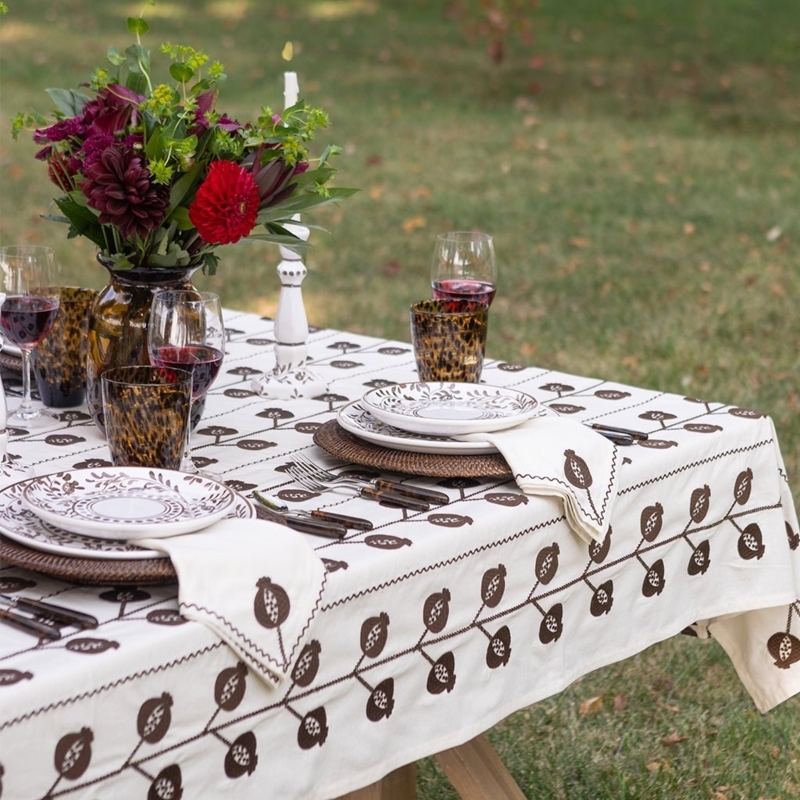 Tablecloth Cream Brown Pomegranate Crewel Embroidery Cottagecore Decor