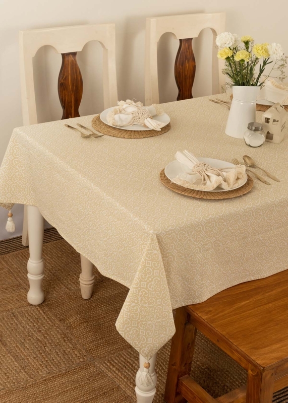Tablecloth Cream Cotton with Beaded Corner Tassels Neutral Patterned