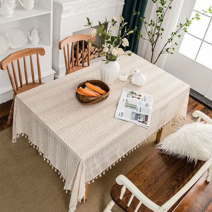Tablecloth, Cream Crochet Knit with Tassel Fringe, Cottagecore Style