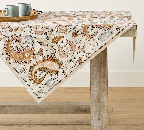 Tablecloth Cream Floral Embroidery Ochre Paisley Bohemian Artisanal