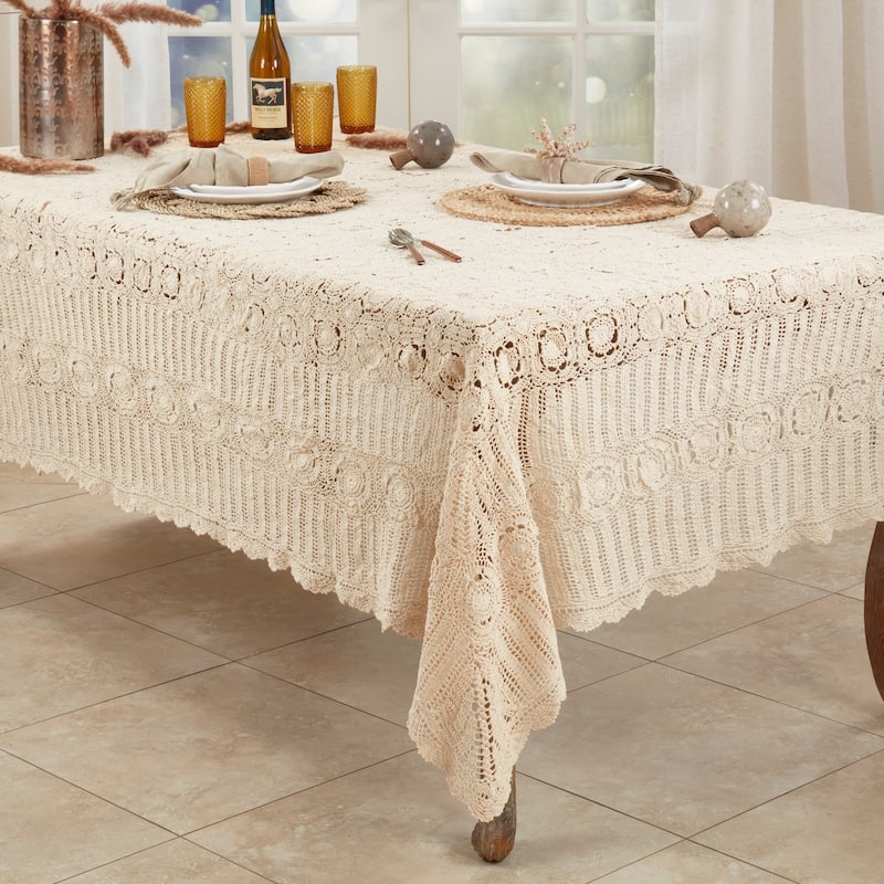 Tablecloth Cream Geometric Lace, Vintage Style Crochet Tablecloth