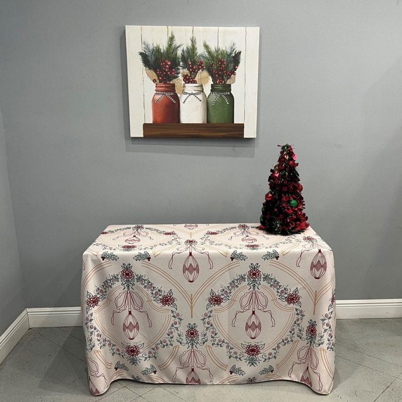 Tablecloth Cream Holiday Ornament Print Festive Floral Floor Length
