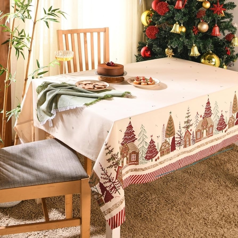 Tablecloth Cream Village Print Border Candy Cane Striped Hem Farmhouse
