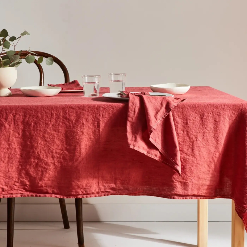 Tablecloth Crimson Rose Red Linen Like Slubby Texture Earthy Dining