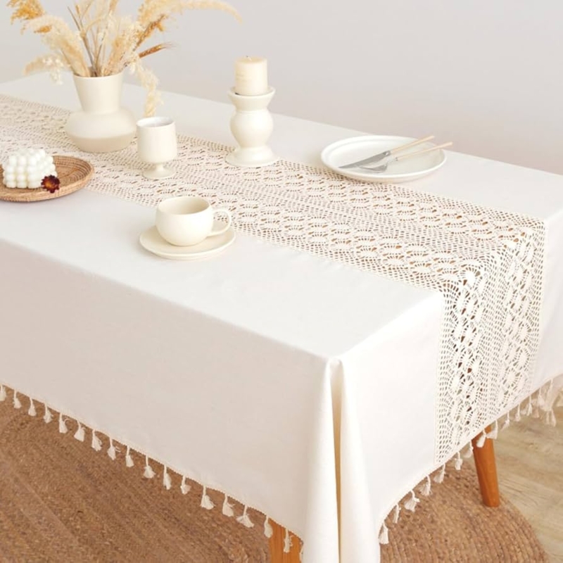 Tablecloth Crochet Lace Insert Tassel Fringe, Boho Chic Table Cover
