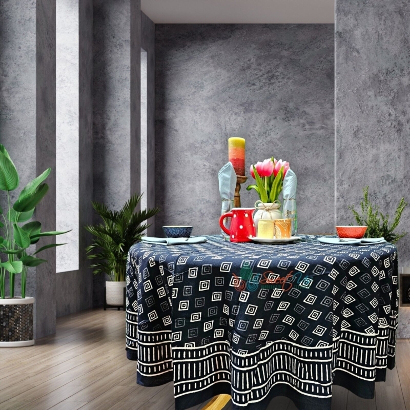 Tablecloth Dabu Block Print Round Silhouette Black White Geometric