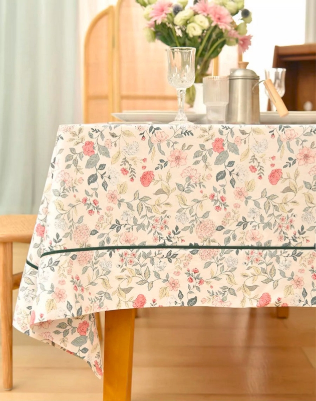 Tablecloth Dainty Floral Print Cream Dark Green Piping Detail