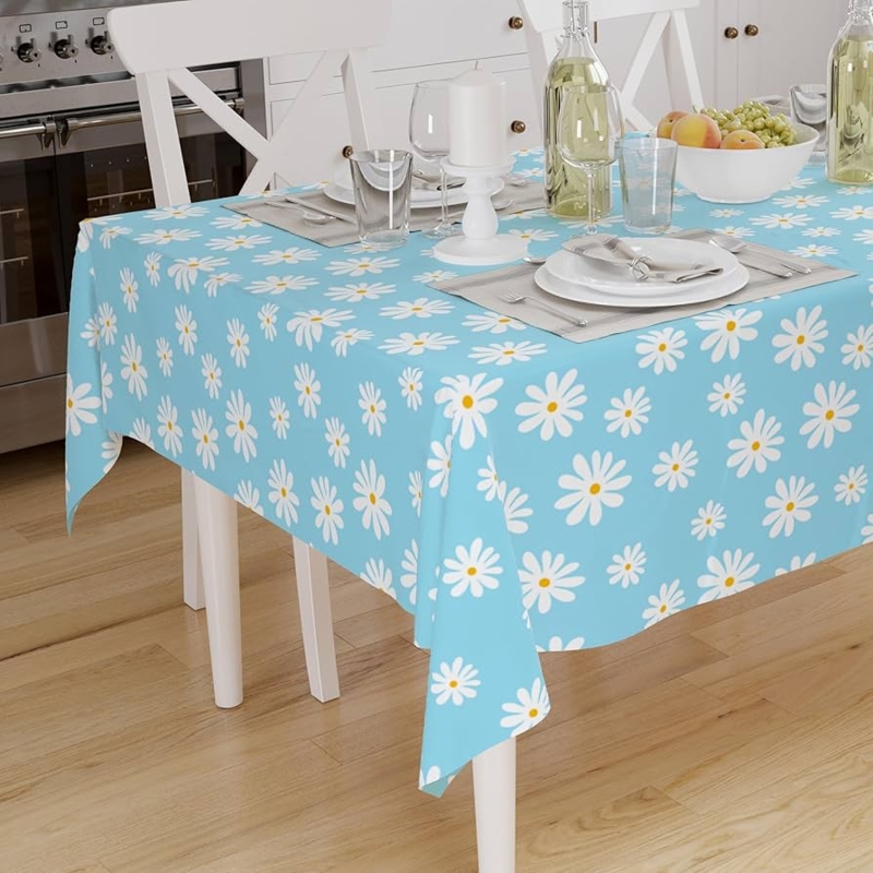 Tablecloth Daisy Floral Print Sky Blue Cottagecore Cheerful Dining Decor