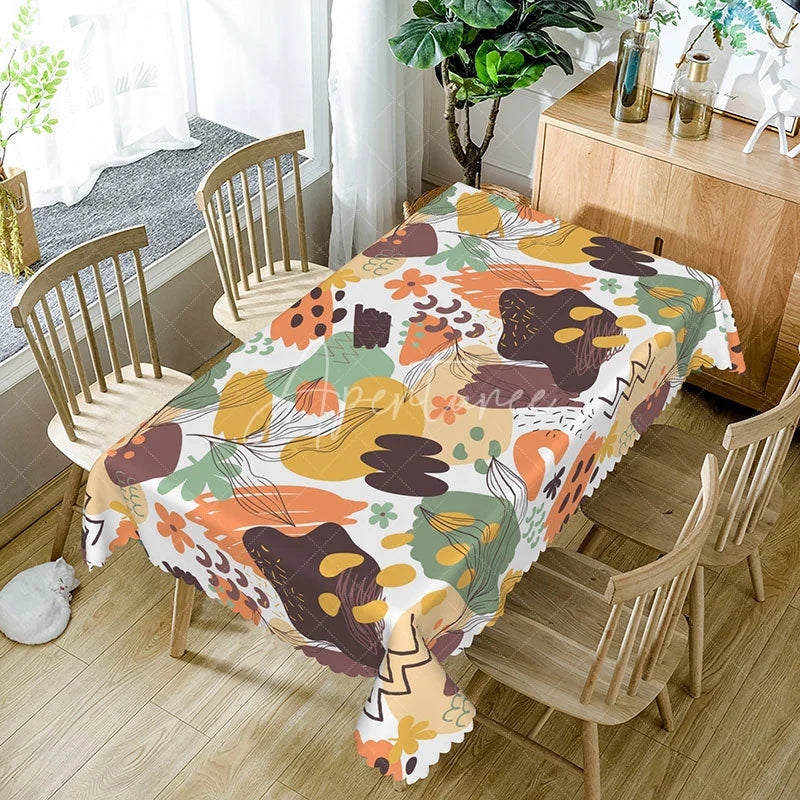 Tablecloth Earthy Abstract Print Scalloped Hem Modern Botanical Decor