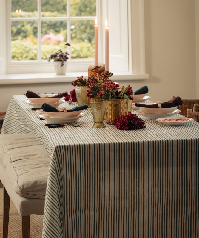 Tablecloth Fir Green Vertical Stripes Linen Texture Cottage Dining