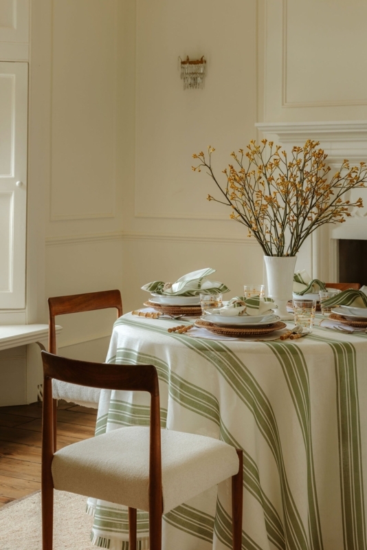 Tablecloth Floor Length Olive Green Stripes Linen Like Earthy Elegant