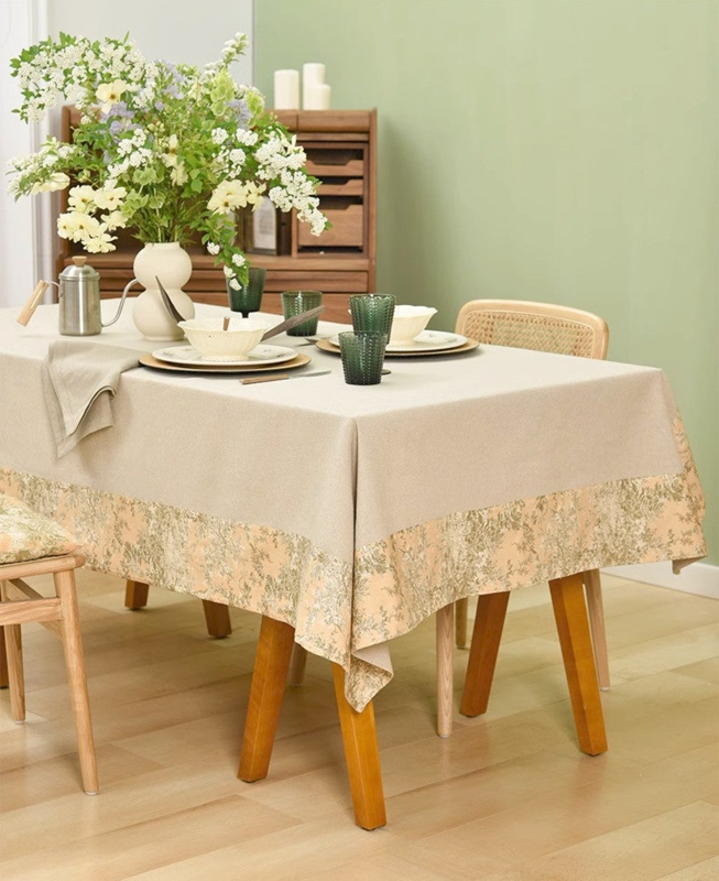 Tablecloth Floral Toile Border Neutral Linen Like Texture Modern Cottage