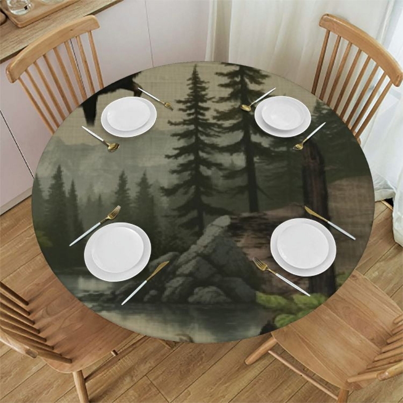 Tablecloth Forest Print Round Scenic Forest Print Cabin Aesthetic