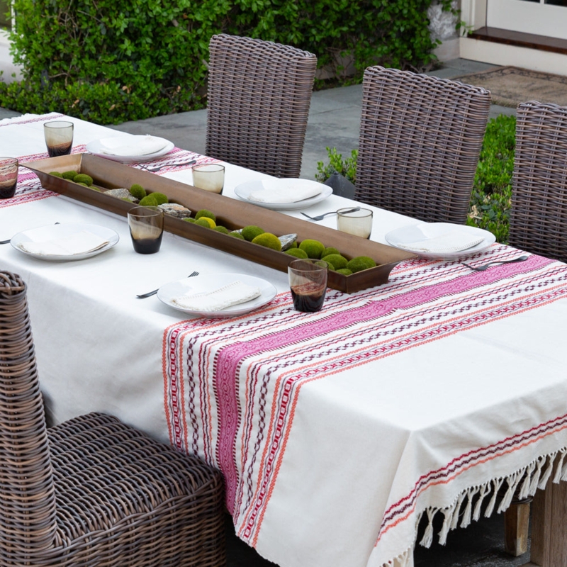Tablecloth Fringe Trim Pink Woven Stripes, Bohemian Outdoor Setting
