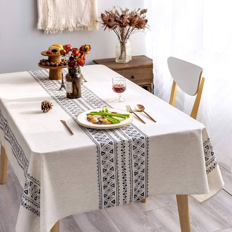 Tablecloth Geometric Border Central Runner Print Linen Look Boho Style