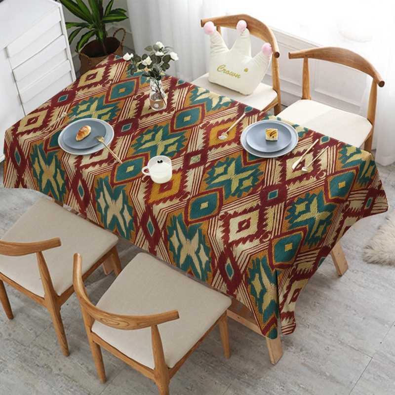 Tablecloth Geometric Ikat Pattern Tasseled Fringe Trim Bohemian Decor