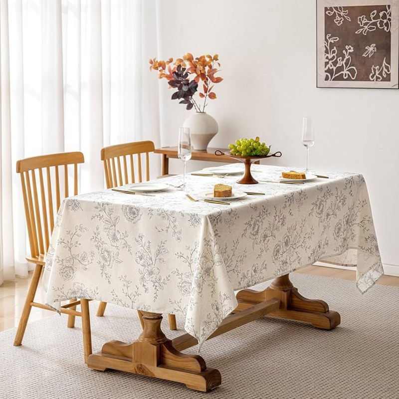 Tablecloth Gray Floral Print Linen Like for Cottage Decor