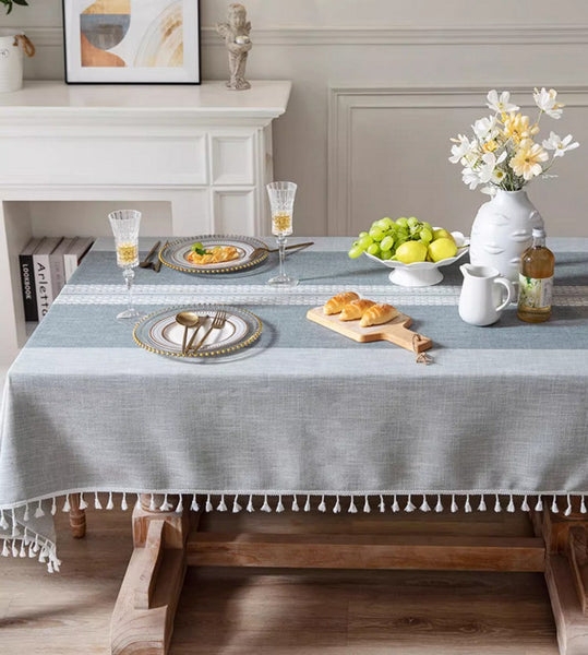 Tablecloth Gray White Stripes Lace Insert Tassel Fringe Farmhouse