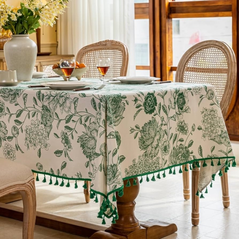 Tablecloth Green Botanical Toile Print Tassel Fringe Cottagecore