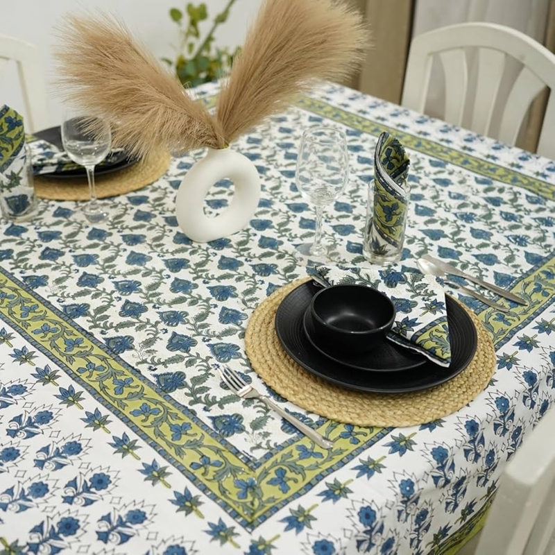 Tablecloth Green Contrast Border Blue Floral, Global Inspired Decor