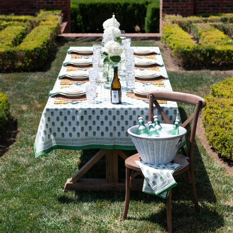 Tablecloth, Green Hand Blocked Floral Print, Garden Party Linens