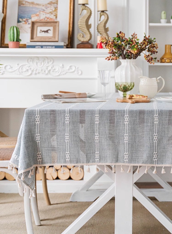Tablecloth Grey-Blue Woven Stripes Tassel Fringe Linen Look