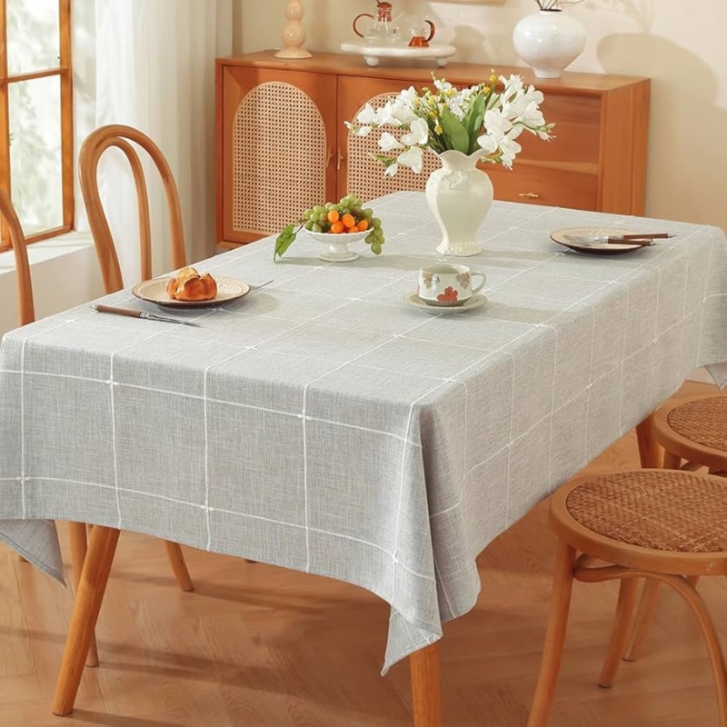 Tablecloth Grey Grid Pattern Linen Like Fabric Farmhouse Dining