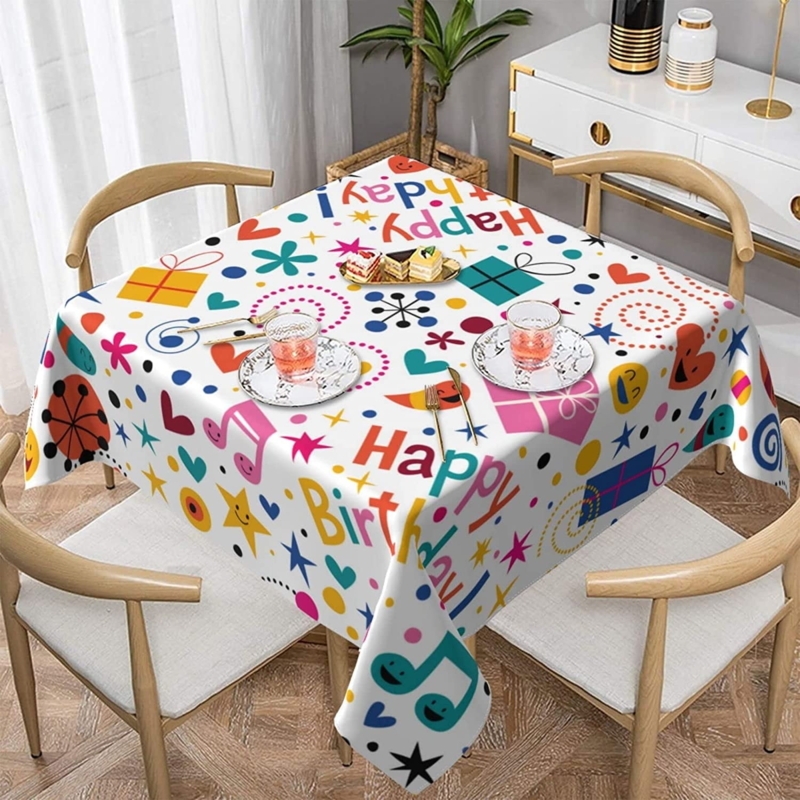 Tablecloth Happy Birthday Motif Whimsical Cartoon Graphics Wipe Clean