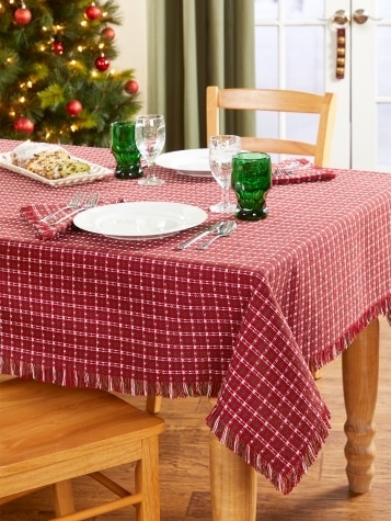 Tablecloth Heavy Woven Red and White Checkered Fringed Edges