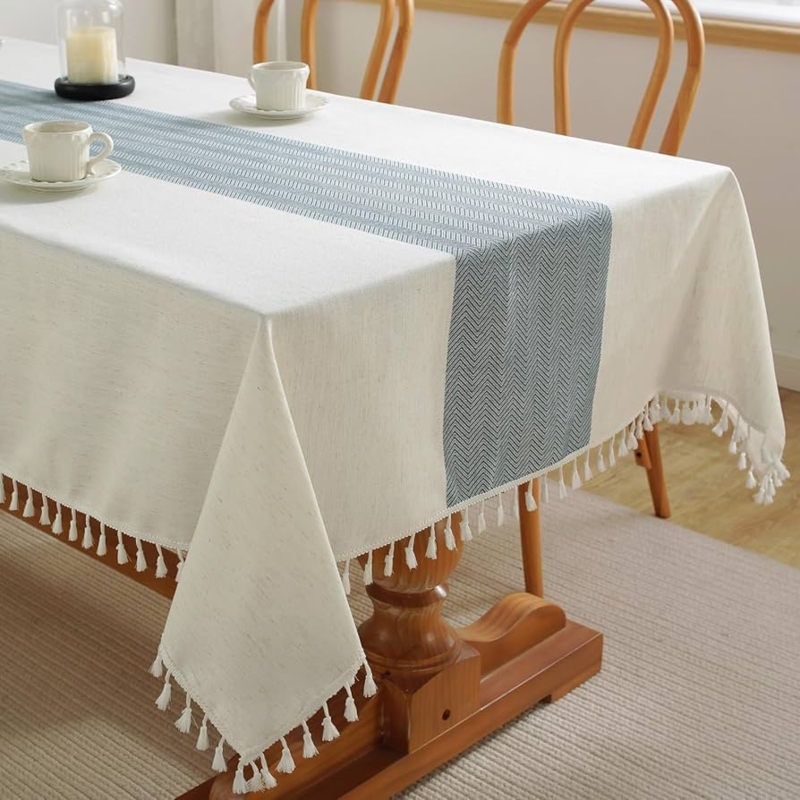 Tablecloth Herringbone Center Stripe Tassel Fringe Rustic Dining