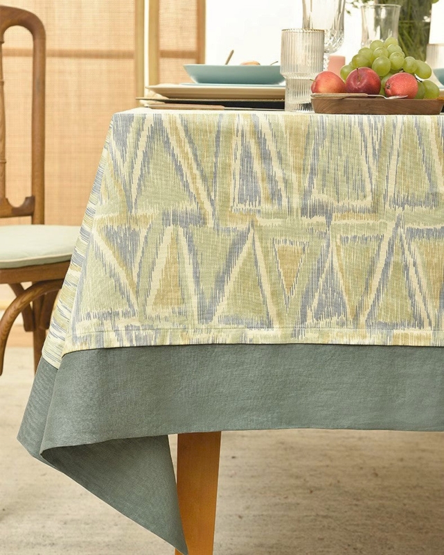 Tablecloth Ikat Triangular Pattern Solid Contrast Border Sage Green