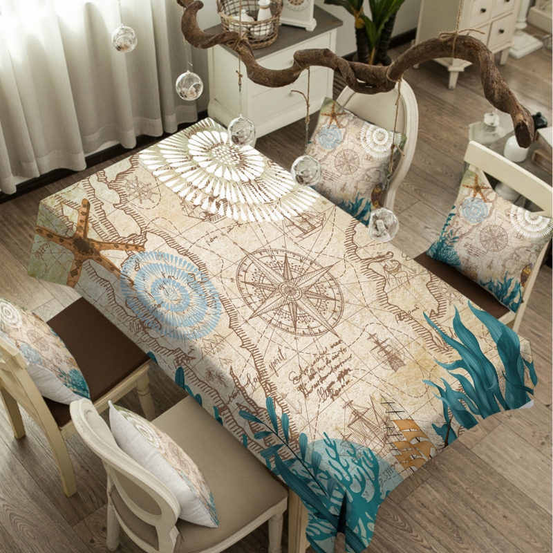 Tablecloth Illustrated Motifs Cream Map Print, Coastal Map Print Styling