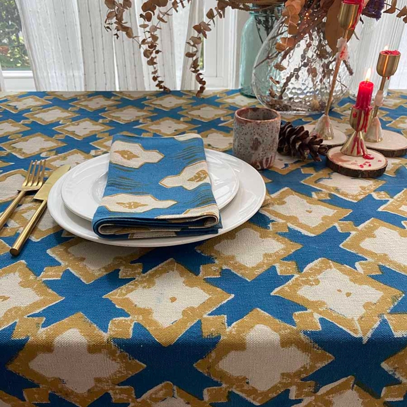Tablecloth Indigo and Gold Palette Hand Printed Aesthetic Boho Organic