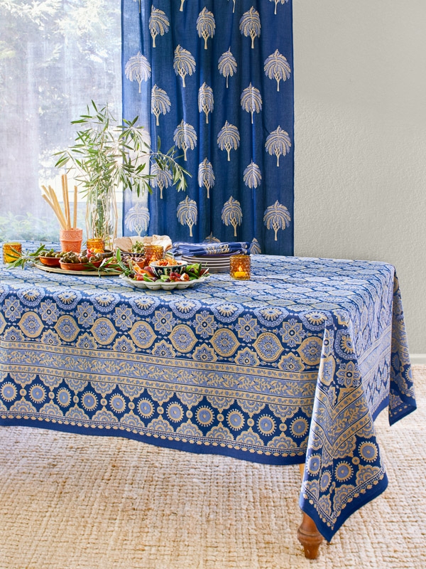 Tablecloth, Indigo Blue and Gold Medallion Print, Ornate Border
