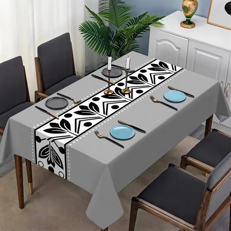 Tablecloth Integrated Runner Motif Monochrome Floral Print Contemporary Grey