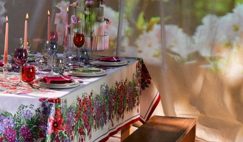 Tablecloth Intricate Floral Border Multi Colored Glassware Romantic Setting