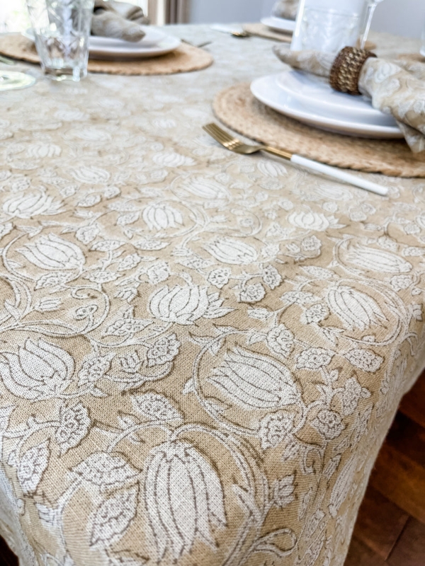 Tablecloth Intricate Floral Print Tan Linen Traditional Farmhouse