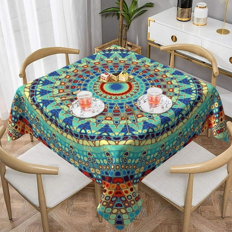Tablecloth Intricate Mandala Print Teal Bohemian Eclectic Vinyl-Like