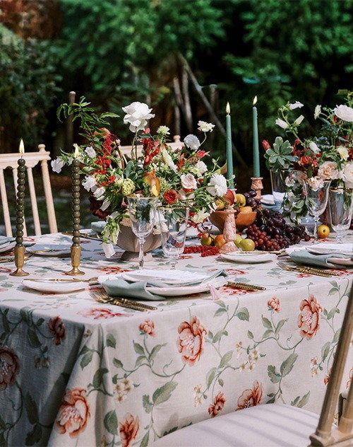 Tablecloth Large Floral Print Terracotta Palette Alfresco Garden Dining setting