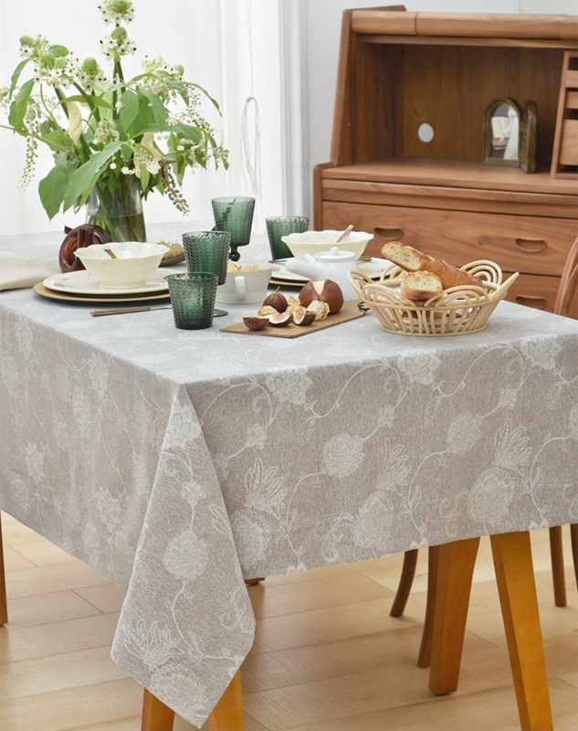 Tablecloth Light Grey Floral Damask Pattern Linen Like Fabric