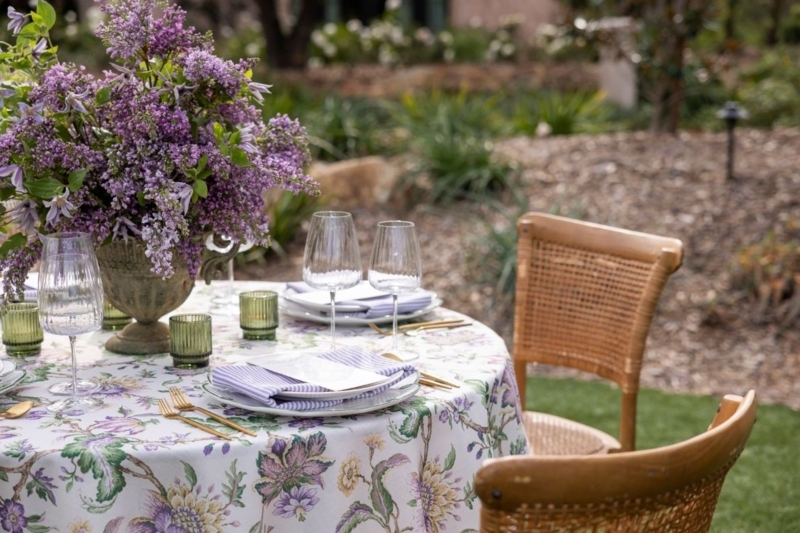 Tablecloth Lilac Botanical Print Ribbed Green Glassware Garden Table Setting