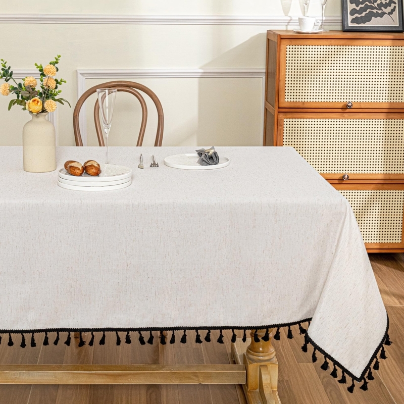 Tablecloth Linen Look Black Tassel Trim Beige Farmhouse Style
