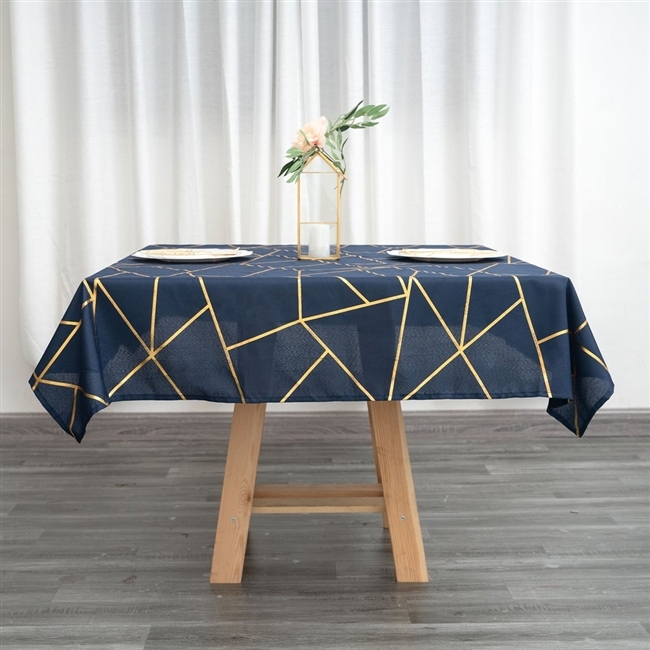 Tablecloth Metallic Foil Print Navy Blue Base Square Cut Modern Glam