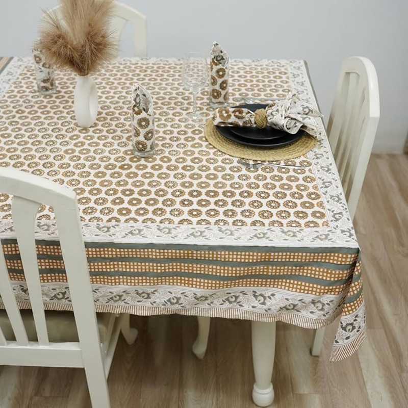 Tablecloth Multi-Banded Border Block Print, Earthy Table Setting