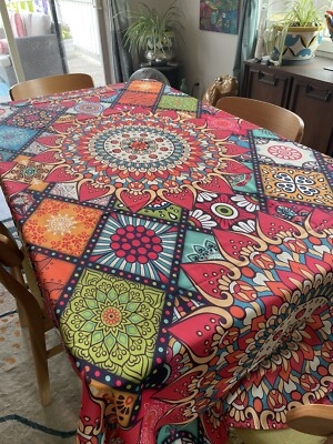 Tablecloth, Multi-Color Boho Patchwork with Intricate Mandala Center