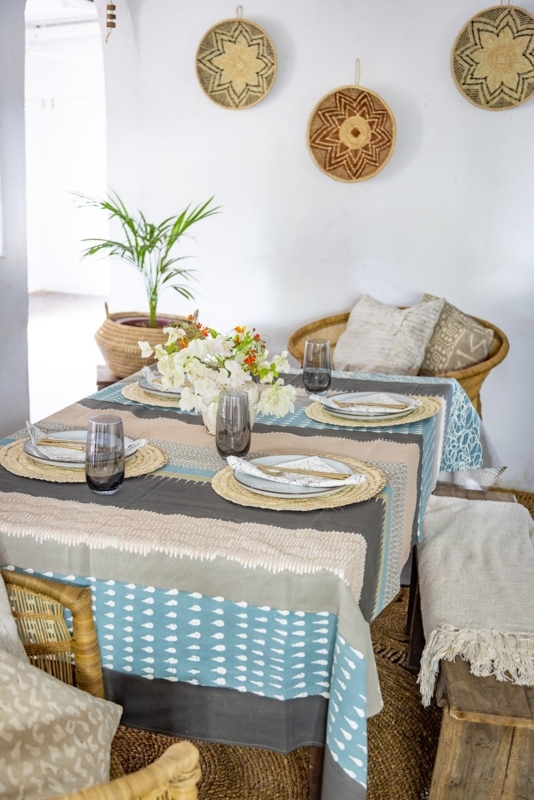 Tablecloth, Multi-Patterned Teal Batik Print, Tribal Eclectic Decor
